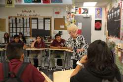 Holocaust Survivor Regina Hirsch speaks to students at Animo Ralph Bunche. 