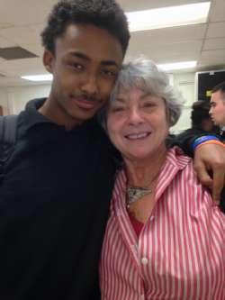 A student poses with Holocaust Survivor Eva Nathanson. 